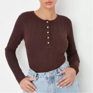 image of Missguided Recycled Rib Half Button Knit Bodysuit - Brown