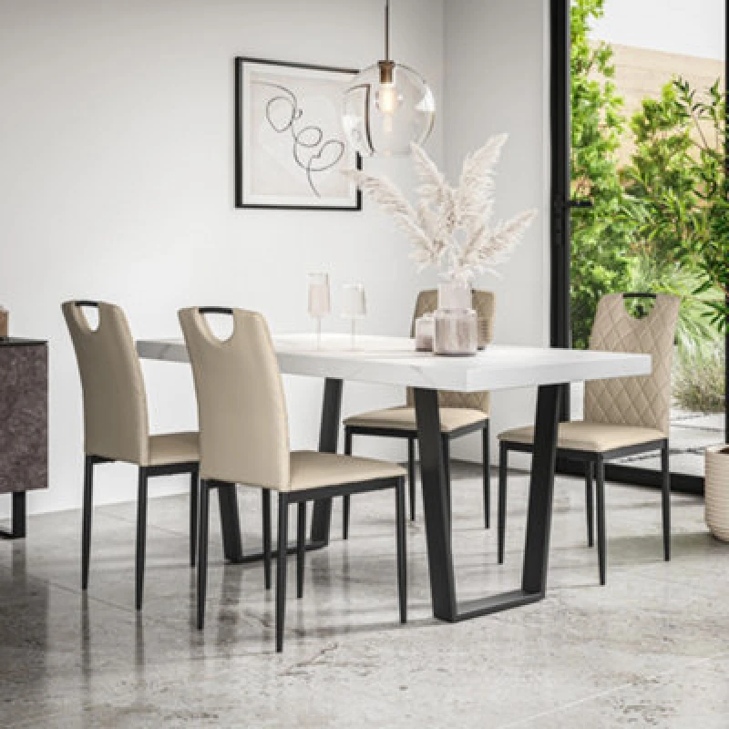 Image of More4Homes Aria Dining Table & Chairs - White Marble Effect Table Top w Black Legs + Monza Faux Leather Dining Chair Set Of 6 in Beige Beige Unisex