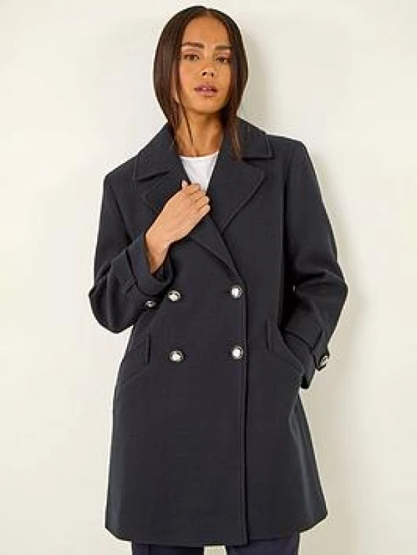 Image of Roman Womens Petite Double Breasted Collared Peacoat in Navy Size: 14 Navy Female 14