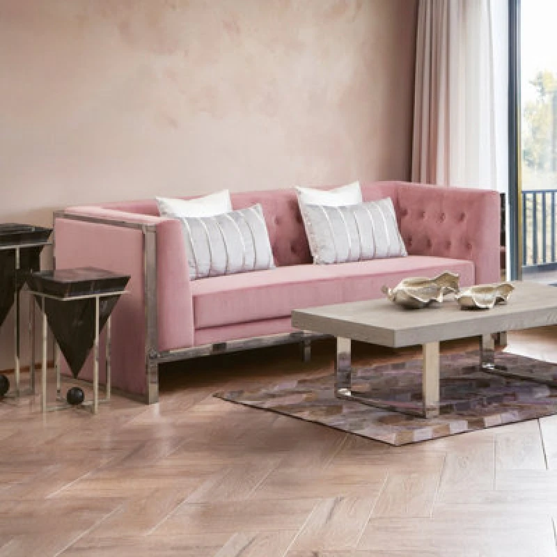 Image of Orsina Functional Sturdy 3 Seat Pink Velvet Sofa, Stylish Mid Century Sofa For Bedroom, Comfortable 3 Seater Sofa