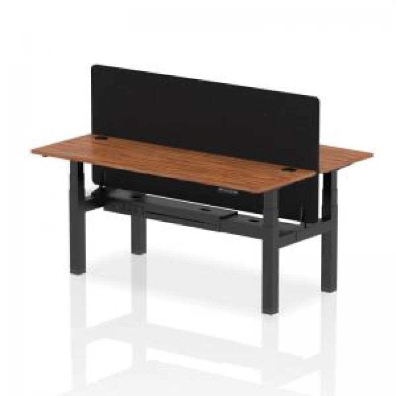 Image of Air Back - to - Back 1800 x 600mm Height Adjustable 2 Person Bench Office Desk Walnut Top - Cable Ports Black Frame - Black Straight Screen