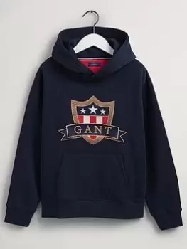 Image of Boys, Gant Kids Banner Shield Hoodie - Evening Blue, Evening Blue, Size 13-14 Years