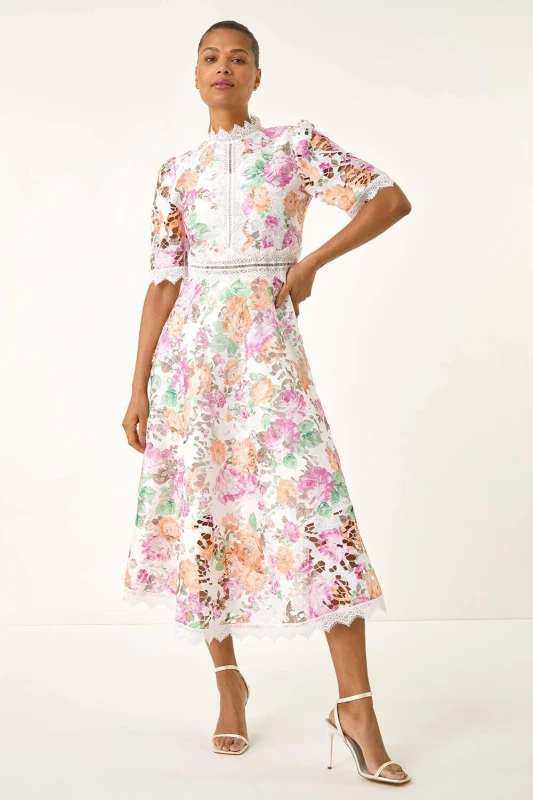 Image of Roman Womens Floral Lace Midi Dress in White Size: 16 White Female 16