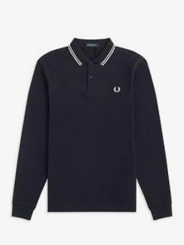 image of Fred Perry Long Sleeve Twin Tipped Polo Shirt, Navy Size M Men