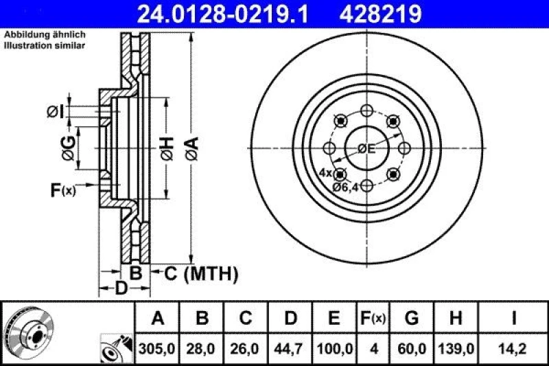 Image of ATE 24.0128-0219.1 Brake disc Vented, Coated Brake Disc (82)