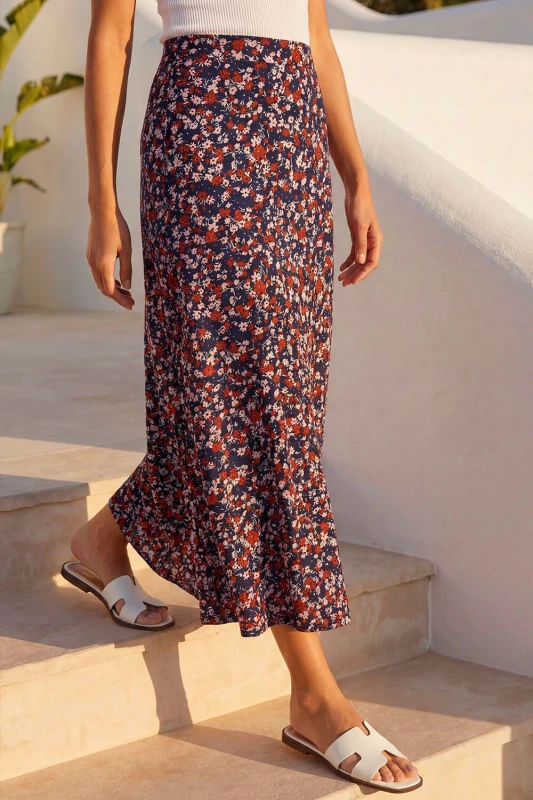 Image of Roman Womens Ditsy Floral Stretch Midi Skirt in Navy Size: 14 Navy Female 14