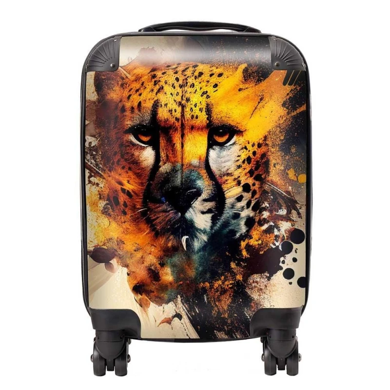 Image of Warren Reed - Designer Cheetah Face Splashart Suitcase in Yellow Size: Small Yellow Unisex Small
