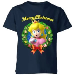 Image of Nintendo Super Mario Peach Merry Christmas Kid's T-Shirt - Navy - 11-12 Years