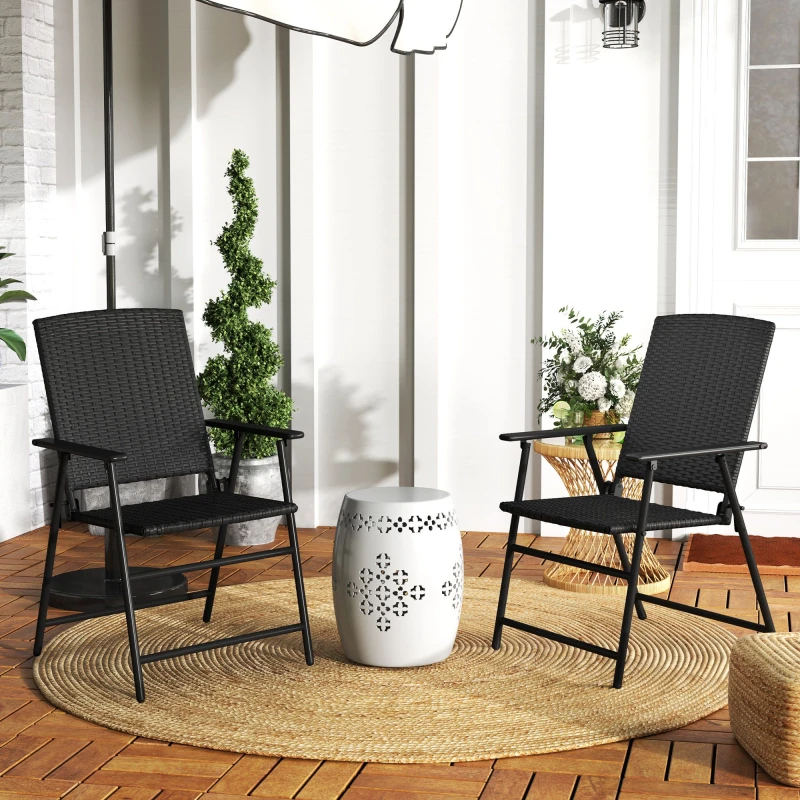 Image of Outsunny 2pcs Rattan Chair Foldable Garden Furniture w/ Armrest Black Black
