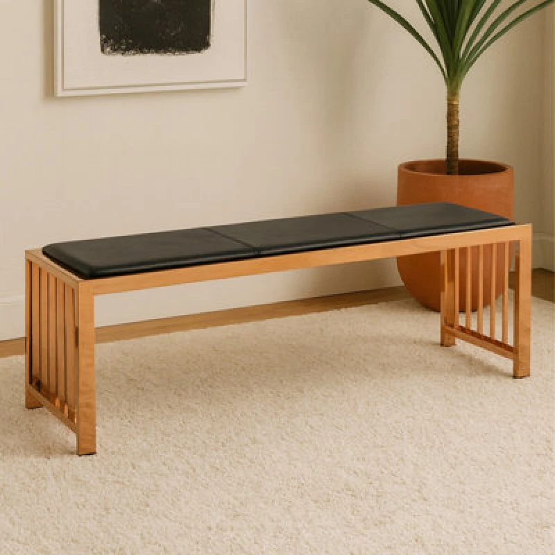 Image of Orsina Contemporary Design Rose Gold Bench, Sleek Garden Bench For Outdoor, Leather Upholstered Dining Bench