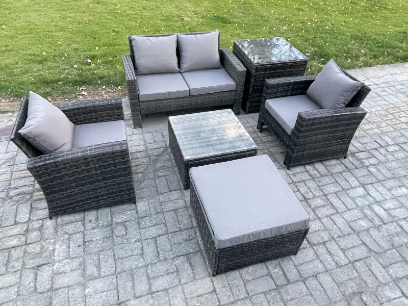 Image of Fimous 6 PCS Outdoor Lounge Sofa Set Wicker PE Rattan Garden Furniture Set with Armchair Squar Coffee Table in Dark Grey Dark Grey Unisex