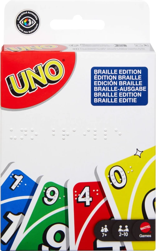Image of Mattel Games UNO Braille Card Game with Deck Specially Designed for Blind & Low-Vision Players for Kids Family Nights & Parties JMK87