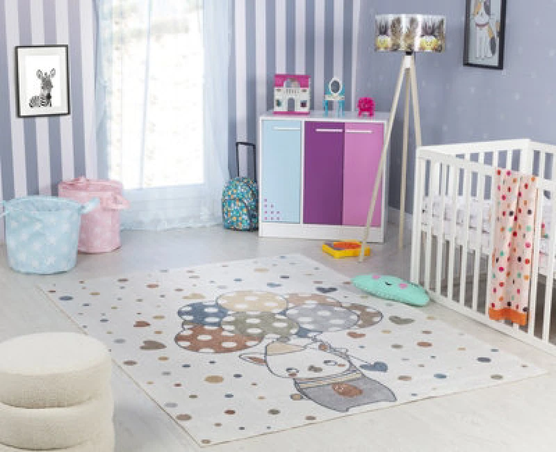Image of Livabliss Kids Machine Washable Multicolour/beige Bedroom Ballon Buddy Area Rug 120 X 170 Cm - Soft & Safe Rug For Kids Spaces