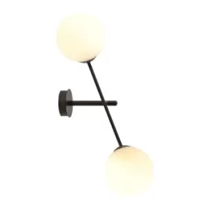 image of Linear Black Contemporary Wall Lamp with White Glass Shades, 2x E14