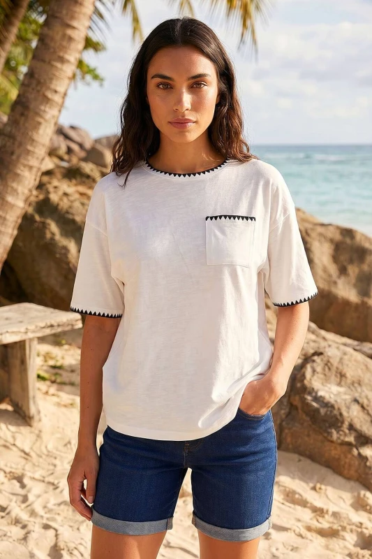 Image of Roman Womens Blanket Stitch Oversized T-Shirt in Ivory Size: 10 Ivory Female 10