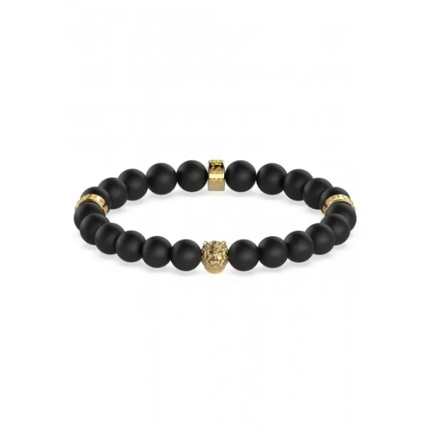 Mens Gold-tone Plated Black Beads 12mm Lion Detail Bracelet UMB01303YG