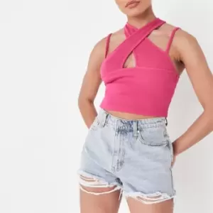 image of Missguided Petite Rib Cross Halterneck Cami Crop Top - Pink