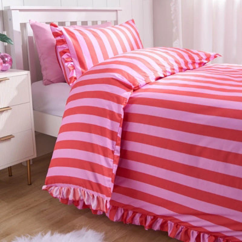 Image of OHS OHS Frill Duvet Cover Bedding Set Pillowcase Stripe Quilt Luxury in Pink Size: Single Pink Single Unisex 5027434205509