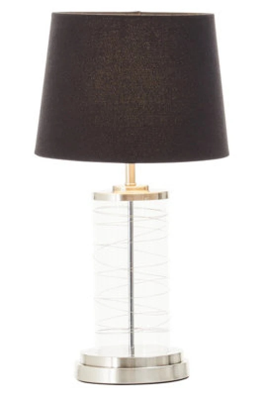 Image of Orsina Glass Cylinder Table Lamp, Chrome Spiral Base With Black Linen Shade, Modern Monochrome Table Light