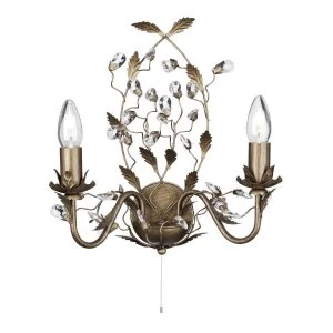 Image of 2 Light Candle Wall Light Brown Gold with Crystals Floral Leaves Design, E14
