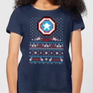 Image of Marvel Avengers Captain America Pixel Art Womens Christmas T-Shirt - Navy - L