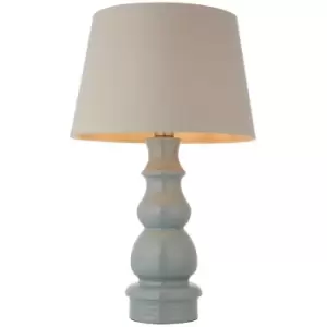 image of Endon Provence & Cici Base & Shade Table Lamp Blue Grey Glaze, Satin Nickel Plate & Grey Linen Fabric