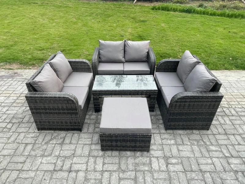 Image of Fimous Rattan Garden Furniture Set 7 Seater Indoor Outdoor Patio Sofa Set with Coffee Table Loveseat Sofa Big Footstool Dark Grey Mixed Dark Grey