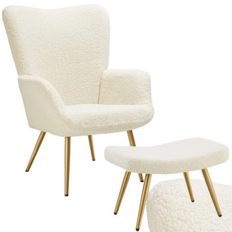 Image of Tectake 1 Armchair Hygge - Padded, Armrests And Ergonomic Backrest, 150 Kg Load Capacity With Stool - Boucle Cream/gold