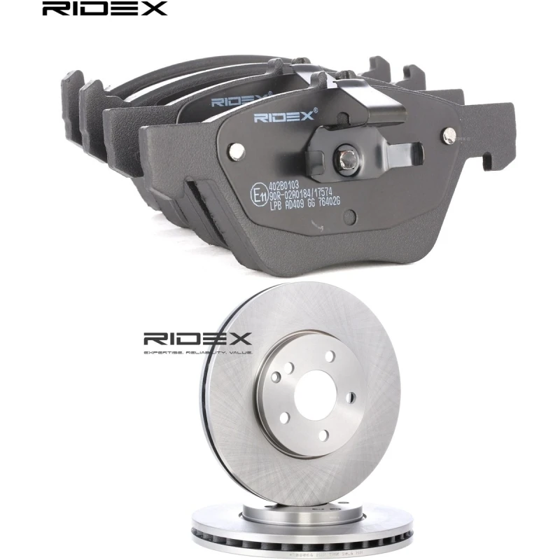 Image of RIDEX 3405B2672 Brake disc and pads set Front Axle, Brake Disc Type: internally vented, prepared for wear warning indicator Brake Set,disc brakes (34