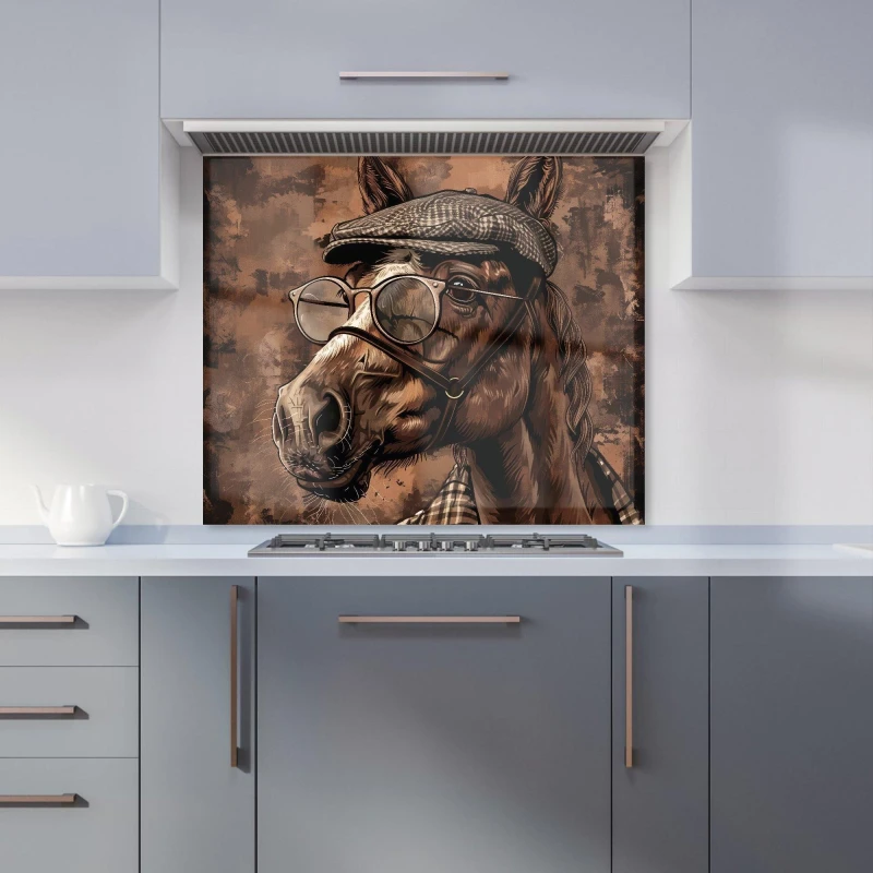 Image of Warren Reed - Designer Dapper Horse with Tweed Cap Kitchen Splashback in Black Size: 600mm x 750mm Black Unisex 600mm x 750mm