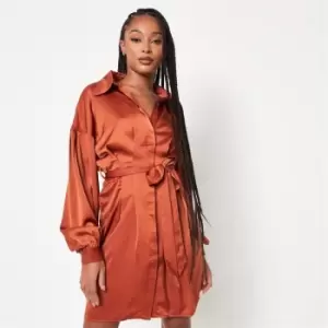 Missguided Tall Satin Belted Shirt Dress - Orange