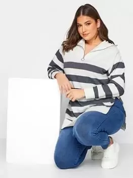 Image of Yours Striped Quarter Zip Jumper - White & Blue Size 16, Women