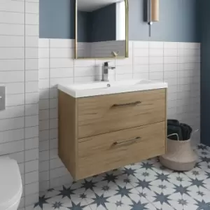 Image of Juno Wall Hung 2-Drawer Vanity Unit with Basin 2 800mm Wide - Autumn Oak - Hudson Reed