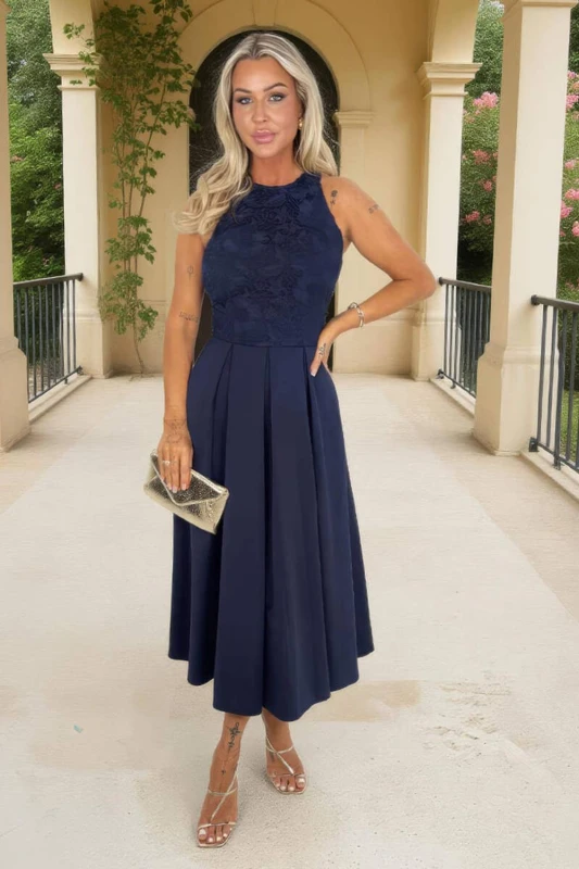Image of AX Paris Womens Navy Embroidered Top Overlay A-Line Skirt Midi Dress Size: 8 Navy Female 8