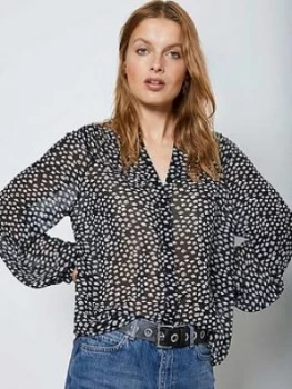 Image of Mint Velvet Poppy Lips Print Ruffle Yolk Blouse - Blue