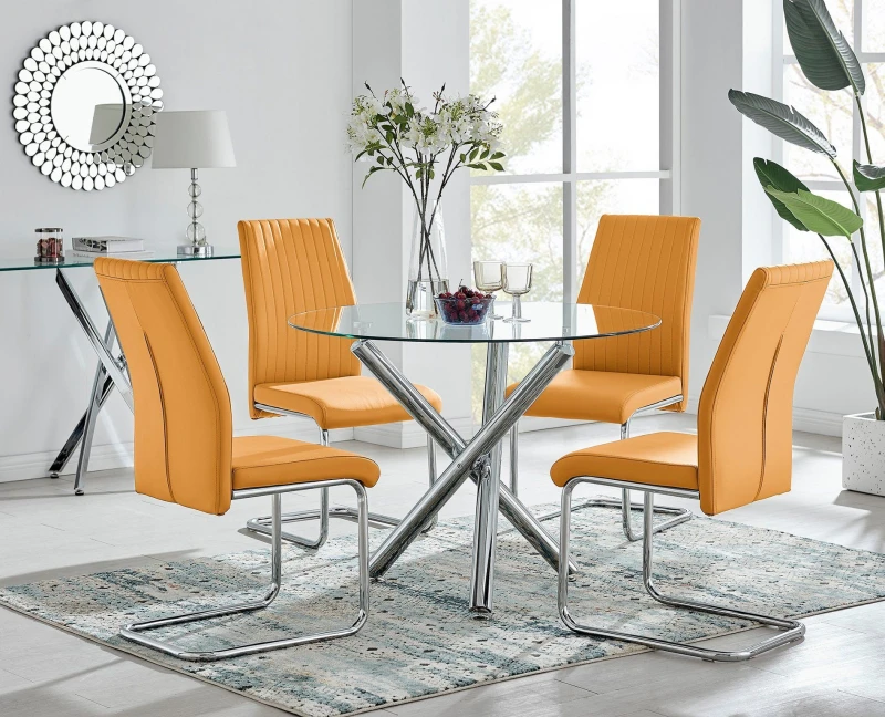 Image of FurnitureboxUK FurnitureboxUK Selina Round Glass And Chrome Metal Dining Table And Lorenzo Chairs Set in Mustard Size: 2 Person Mustard 2 Person Uni