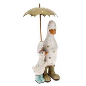 image of Polka Dot Brolly Duck Mum & Baby Green Ornament