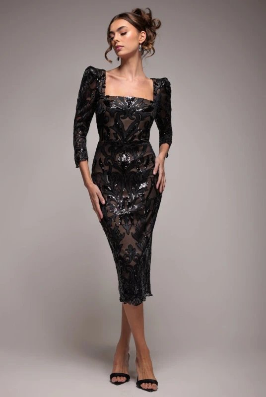 Image of Goddiva Womens Square Neck Scalloped Lace Midi Dress in Black Size: 10 Black Female 10