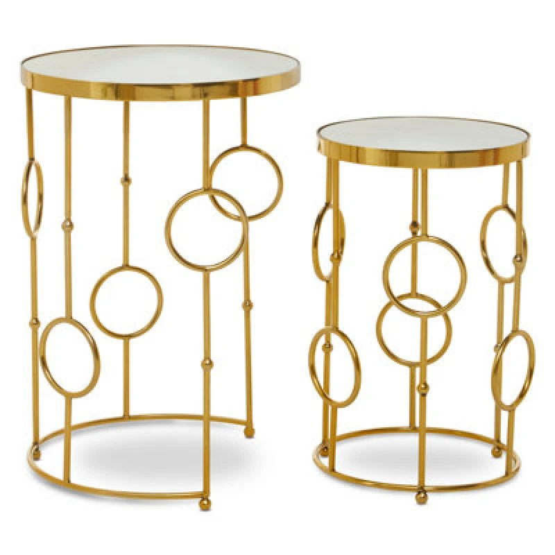 Image of Orsina Set Of 2 Circle Pattern Side Table, Bedside Table With Mirrored Tops, Sleek Metallic Nesting Table