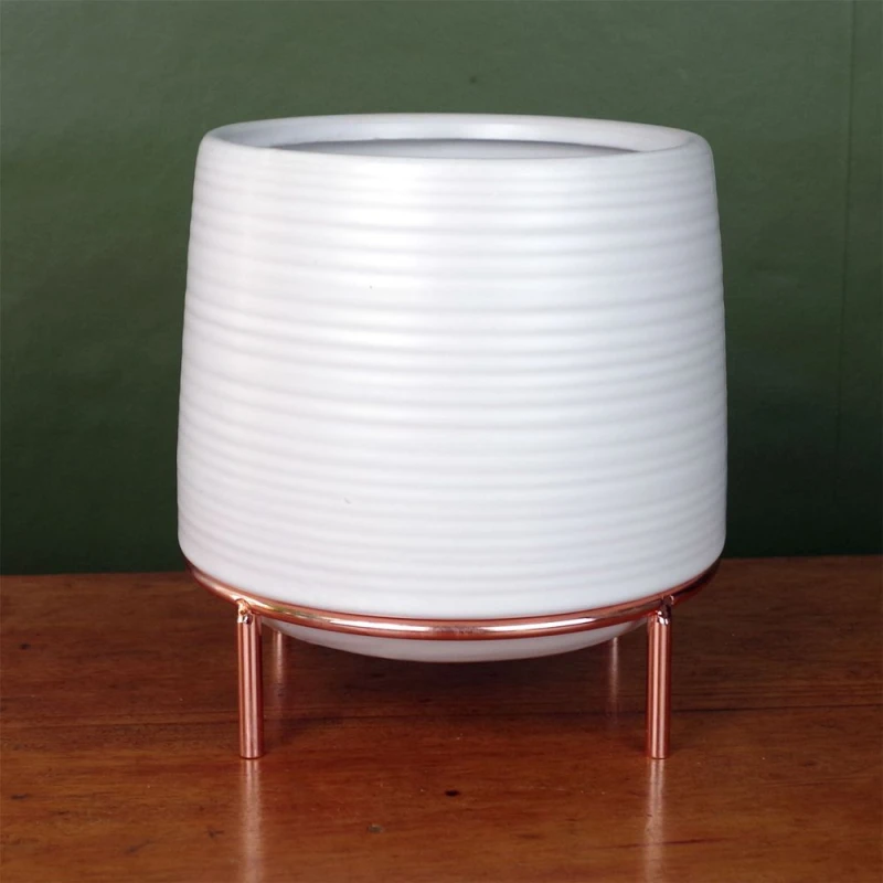 Image of Leaf White Ceramic Planter with Metal Stand Plant Pot Botanik White