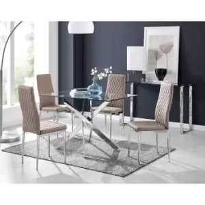 Image of Furniturebox UK - Furniturebox Leonardo 120cm Modern Glass And Chrome Metal Leg Dining Table And 4 Cappuccino Beige Milan Faux Leather Silver Chrome