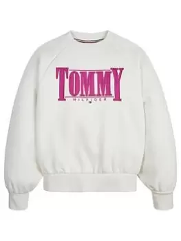 Image of Tommy Hilfiger Girls Tommy Sateen Logo Sweat Top - Ivory, Ivory, Size Age: 10 Years, Women