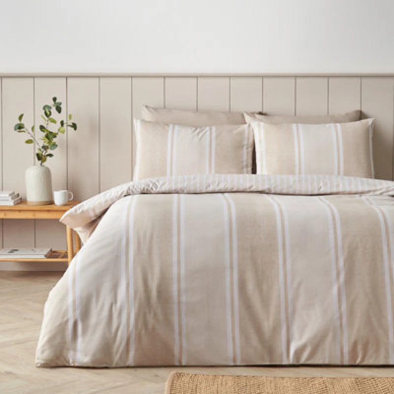 Image of Catherine Lansfield Banded Stripe Reversible Single Duvet Cover Set With Pillowcase Natural