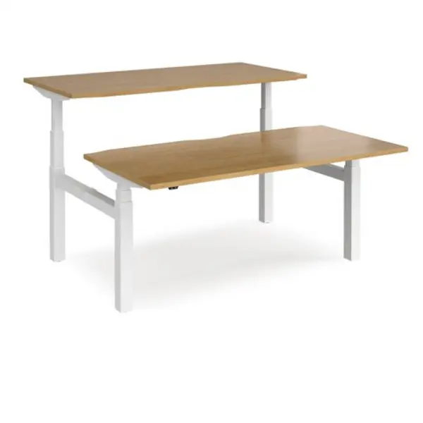 Image of Elev8 Height Adjustable Desk Back To Back Rectangular Desks 1600mm Oak Tops With White Frames Elev8 Touch Oak EVTB-1600-WH-O