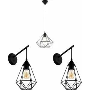 Image of Ceiling Pendant Light & 2x Matching Wall Lights Black Geometric Cage Wire Lamp