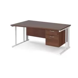 Image of Office Desk Left Hand Wave Desk 1600mm With Pedestal Walnut Top With White Frame Maestro 25 MCM16WLP2WHW