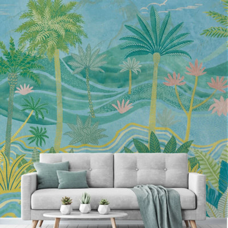 Image of Grandeco Palm Spring Landscape Scene 7 Panel Repeatable Textured Mural, 3.71 X 2.8M, Blue