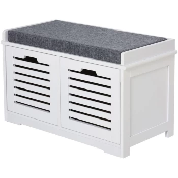 image of 2-Door Shoe Storage Bench Cushion Seat Slatted Doors Elevated Base White - Homcom