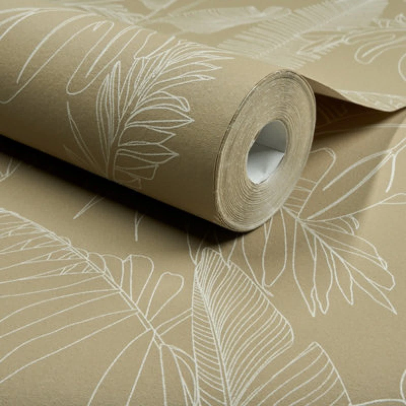Image of Grandeco Galapalos Sketch Leaf Sprig Foliage Blown Vinyl Wallpaper, Beige
