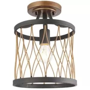 image of Flush Ceiling Mount Light Black & Bronze Round Rustic Vintage Metal Wire Lamp